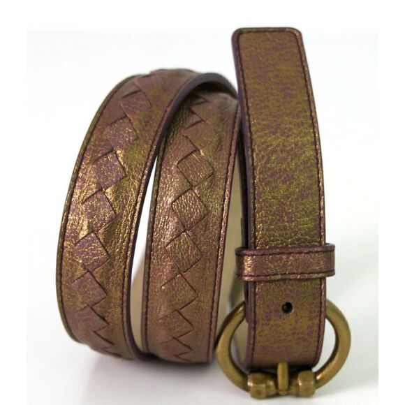NWOT BOTTEGA VENETA ITALY GOLD MAUVE GENUINE LEATHER SKINNY DRESS BELT 34" (R4 - Picture 7 of 12